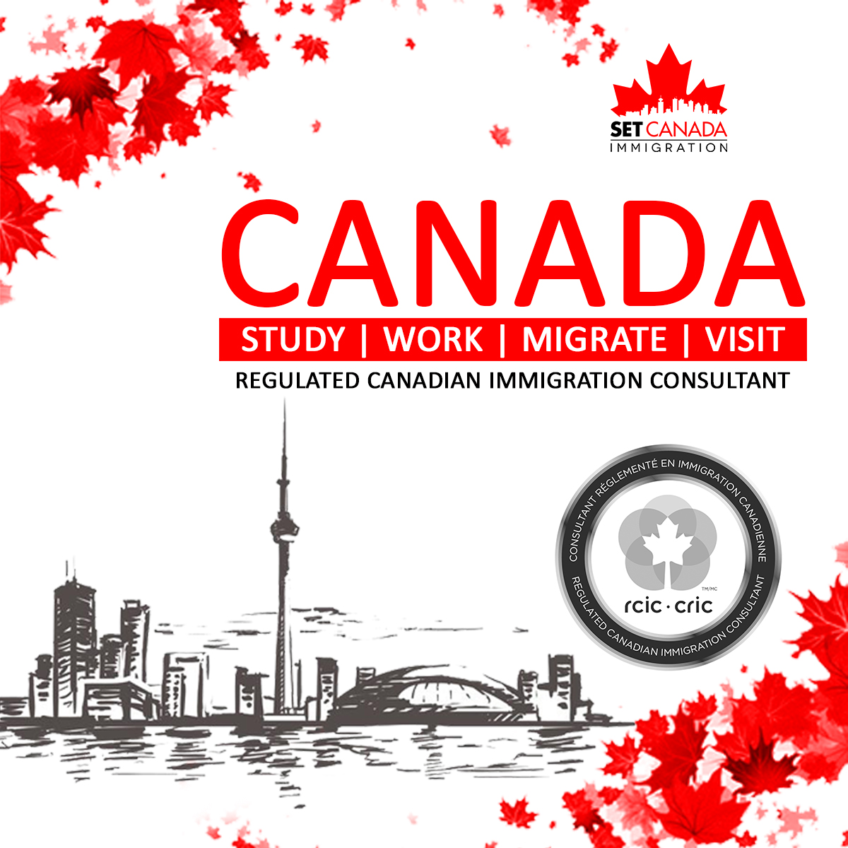 Regulated Canadian Immigration Consultant” on a red maple leaf and city skyline silhouette.