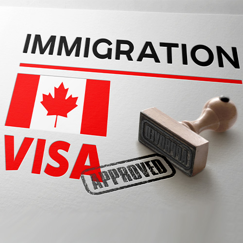 A Canadian flag and a stamp with the words "immigration" and "visa approved".