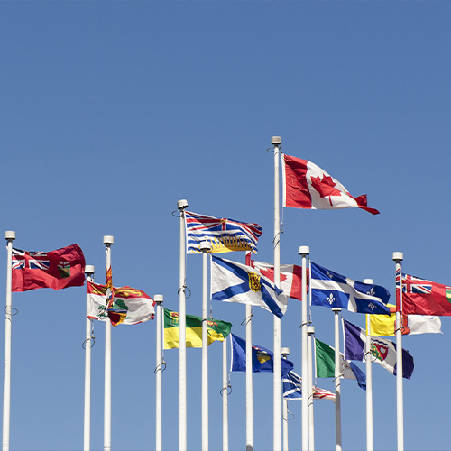 A group of flags waving in the wind.