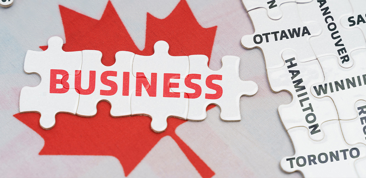 A puzzle piece with the word "business" written on it, next to a Canadian flag