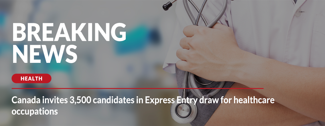 The news style format reads, 'Canada invites 3,500 candidates in the Express Entry draw for healthcare occupations.