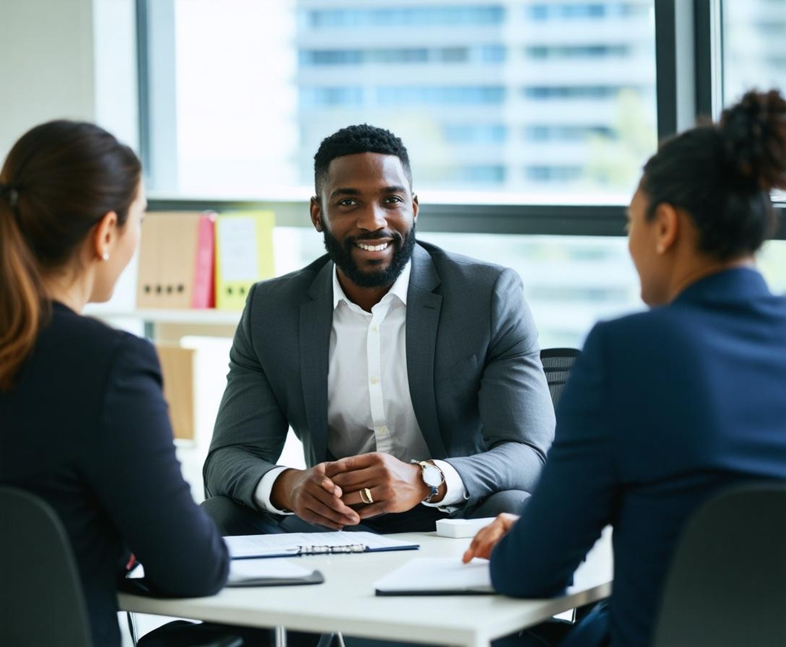 smiling immigration consultant meeting with clients | GPS: 49.417969, -122.600323